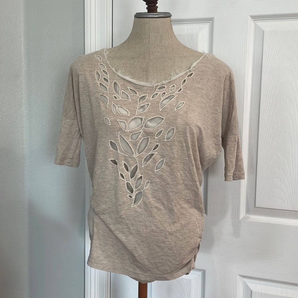Y2K XOXO top tan cream cutouts fring scoop neck 3/4 sleeve gathered waist size S